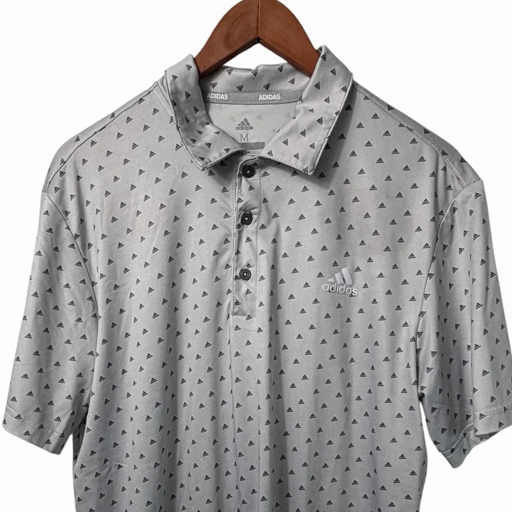 Adidas Golf Polo Shirt Mens Medium Dot Print Gray All Over Print Logo 3 Btn Plkt